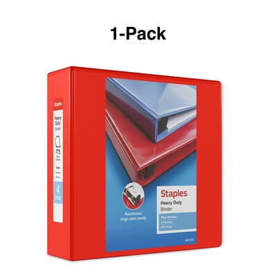 Staples® Heavy Duty 4" 3 Ring View Binder with D-Rings, Red (ST56299-CC)