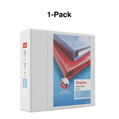 Staples Heavy Duty 4" 3-Ring View Binder, D-Ring, White (ST56266-CC)