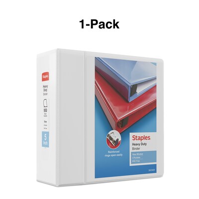 Staples Heavy Duty 5" 3-Ring View Binder, D-Ring, White (ST56267-CC)