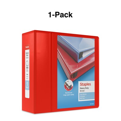 Staples® Heavy Duty 5" 3 Ring View Binder with D-Rings, Red (ST56300-CC)