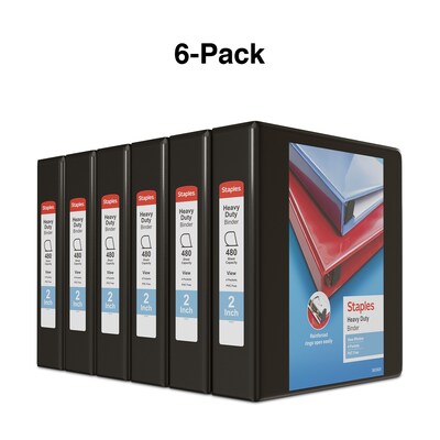 Staples® Heavy Duty 2" 3 Ring View Binder with D-Rings, Black, 6/Pack (56233CT/24684CT)