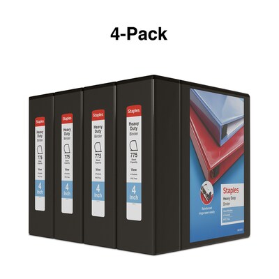 Staples® Heavy Duty 4" 3 Ring View Binder with D-Rings, Black, 4/Pack (56235CT/24695CT)