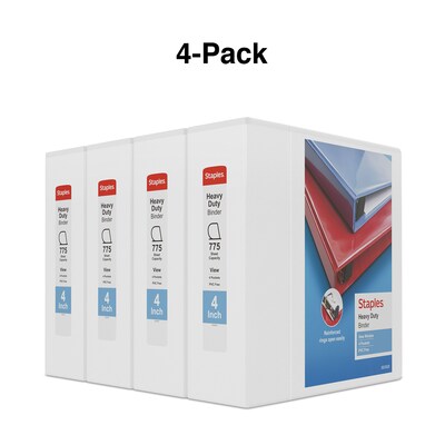 Staples® Heavy Duty 4" 3 Ring View Binder with D-Rings, White, 4/Pack (56266CT/24696CT)