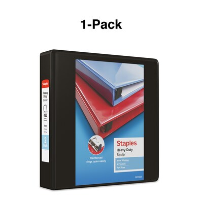 Staples Heavy Duty 2" 3-Ring View Binder, D-Ring, Black (ST56233-CC)