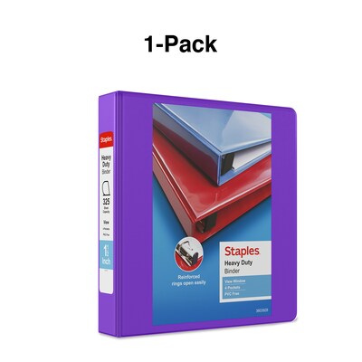 Staples® Heavy Duty 1-1/2" 3 Ring View Binder with D-Rings, Purple (ST56308-CC)