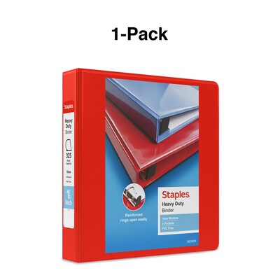 Staples® Heavy Duty 1-1/2" 3 Ring View Binder with D-Rings, Red (24681)