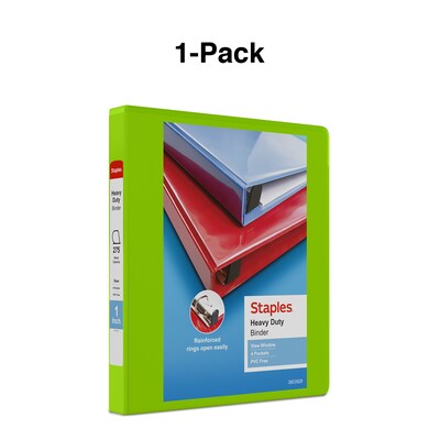 Staples Heavy Duty 1" 3-Ring View Binder, D-Ring, Chartreuse (ST56319-CC)