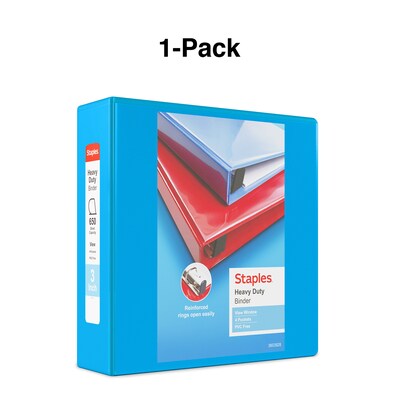 Staples® Heavy Duty 3" 3 Ring View Binder with D-Rings, Light Blue (ST56288-CC)