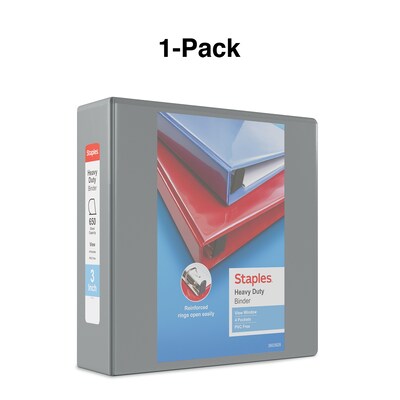 Staples® Heavy Duty 3" 3 Ring View Binder with D-Rings, Gray (ST56331-CC)