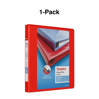 Staples® Heavy Duty 1" 3 Ring View Binder with D-Rings, Red (ST56295-CC)