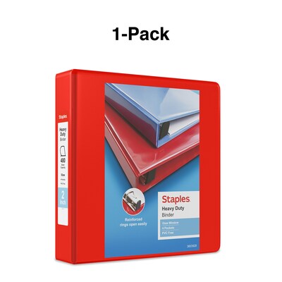 Staples® Heavy Duty 2" 3 Ring View Binder with D-Rings, Red (26348)