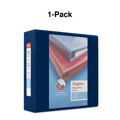 Staples® Heavy Duty 4" 3 Ring View Binder with D-Rings, Navy Blue (ST60406-CC)