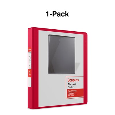 Staples® Standard 1" 3 Ring View Binder with D-Rings, Red (58652)