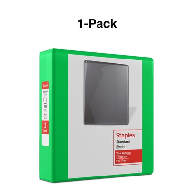 Staples® Standard 2" 3 Ring View Binder with D-Rings, Green (55433)