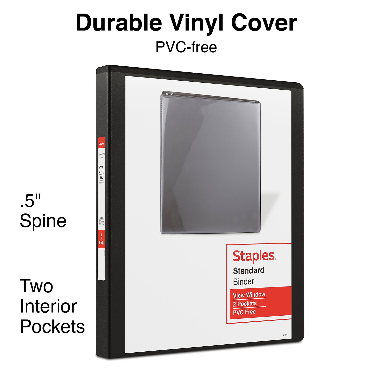 Staples® Standard 1/2 3 Ring View Binder with D-Rings, Black (26425-CC)