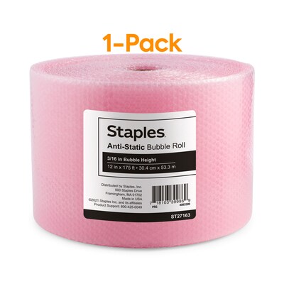 Staples® Perforated Bubble Roll, Anti-Static, Pink, 12" x175' (4072825)