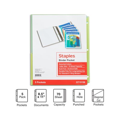Staples Poly Binder Pocket, 3-Hole Punched, Assorted Colors, 5/Pack (ST15158-CC)