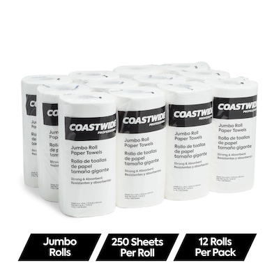 Coastwide Professional Jumbo Kitchen Rolls Paper Towel, 2-Ply, White, 250 Sheets/Roll, 12 Rolls/Carton (CW21806)