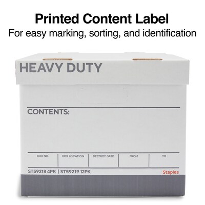 Staples Heavy Duty 50% Recycled Corrugated File Box Lift Off Lid, Letter/Legal Size, White/Gray, 4/Carton (2522303)