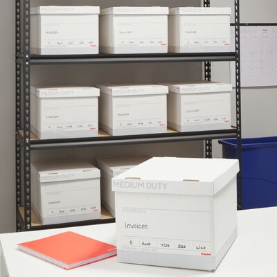 Staples Medium Duty 60% Recycled EZ Fold Corrugated File Box Lift Off Lid, Letter Size, White/Gray, 12/Carton (2489403)