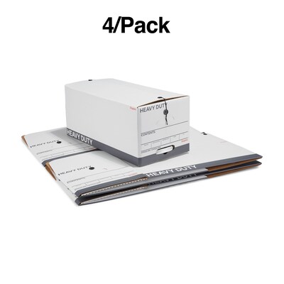 Staples Heavy Duty File Box, String and Button Lid, Letter, White/Gray, 4/Pack (TR59222)