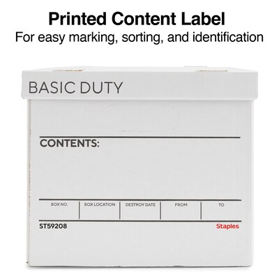 Staples 65% Recycled Corrugated File Box Lift Off Lid, Letter/Legal Size, White/Black, 10/Pack (23325011)