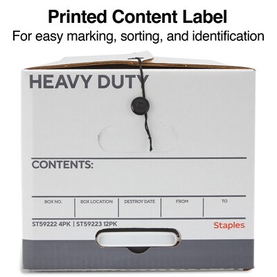 Staples Heavy Duty File Box, String and Button Lid, Letter, White/Gray, 4/Pack (TR59222)