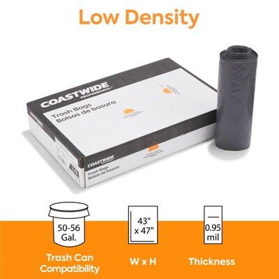 Coastwide Professional™ 50-56 Gallon Trash Bag, 43 x 47, Low Density, 0.95 mil, Gray, 100 Bags/Box