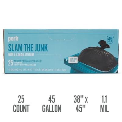 Perk™ 45 Gallon Kitchen Industrial Trash Bag, 45" x 38", Low Density, 1.1 mil, Black, 25 Bags/Box (PK56748)