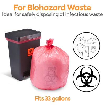 Coastwide Professional™ 30-33 Gallon Biohazard Bags, Low Density, 1.3 Mil, Red, 150 Bags/Box (CW57395)