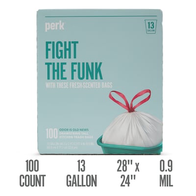 Perk™ 13 Gallon Scented Kitchen Trash Bag, 28" x 24", Low Density, 0.9 mil, White, 100 Bags/Box (PK56751)