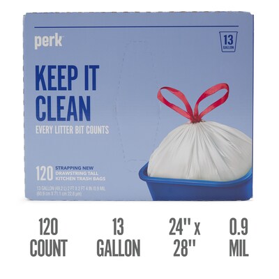 Perk™ 13 Gallon Kitchen Trash Bag, 28 x 24, Low Density, 0.9 mil, White, 120 Bags/Box, 3 Boxes/Car