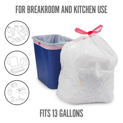 Perk™ 13 Gallon Kitchen Trash Bag, 28" x 24", Low Density, 0.9 mil, White, 50 Bags/Box (PK56745)