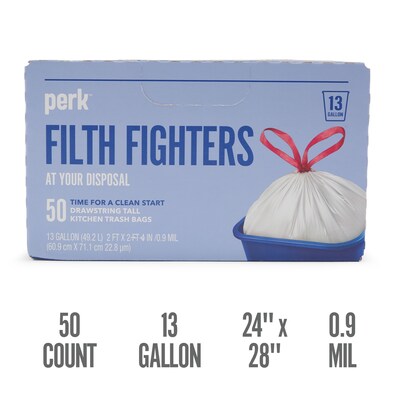 Perk™ 13 Gallon Kitchen Trash Bag, 28 x 24, Low Density, 0.9 mil, White, 50 Bags/Box, 6 Boxes/Cart