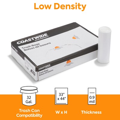 Coastwide Professional™ AccuFit 32 Gallon Trash Bag, 33" x 44", Low Density, 0.9 mil, Clear, 100 Bags/Box (CW57401)