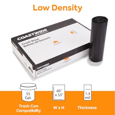 Coastwide Professional™ AccuFit 55 Gallon Trash Bag, 40 x 53, Low Density, 1.3 mil, Black, 100 Bag