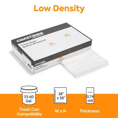 Coastwide Professional™ 55-60 Gallon Trash Bag, 38 x 58, Low Density, 0.74 mil, White, 100 Bags/Bo
