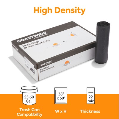 Coastwide Professional™ 55-60 Gallon Trash Bag, 38 x 60, High Density, 22 mic, Black, 150 Bags/Box