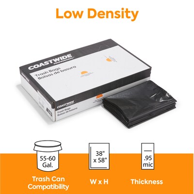 Coastwide Professional™ 55-60 Gallon Trash Bag, 38 x 58, Low Density, 0.95 mil, Black, 100 Bags/Bo