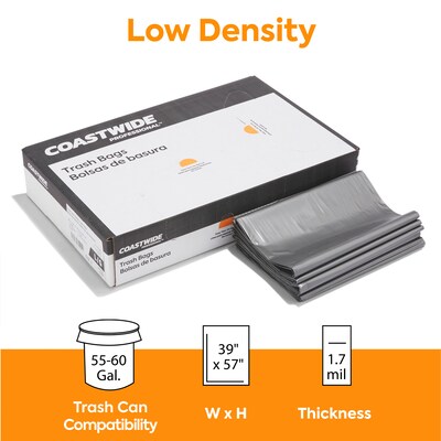 Coastwide Professional™ 55-60 Gallon Trash Bag, 39 x 57, Low Density, 1.7 mil, Silver, 50 Bags/Box