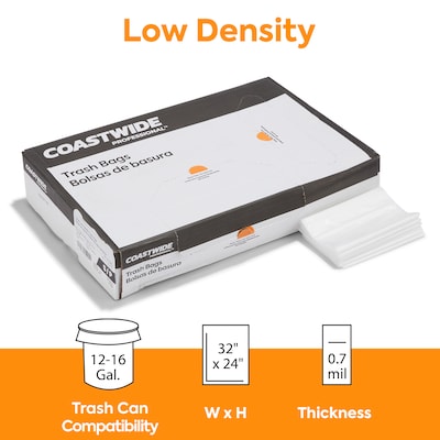 Coastwide Professional™ 12-16 Gallon Trash Bag, 32 x 24, Low Density, 0.7 mil, Clear, 250 Bags/Box