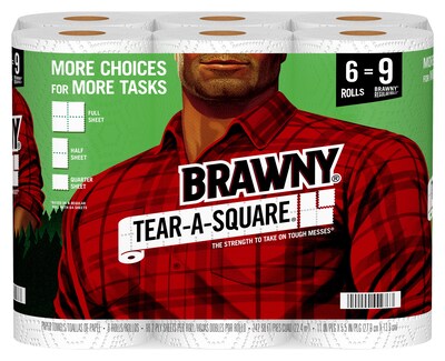 Brawny Tear-A-Square Kitchen Roll Paper Towels, 2-Ply, 96 Sheets/Roll, 6 Rolls/Pack (44276)