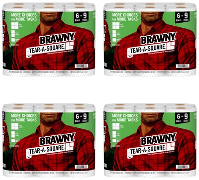 Brawny Tear-A-Square Kitchen Roll Paper Towels, 2-Ply, 96 Sheets/Roll, 6 Rolls/Pack, 4 Packs/Carton (44276CT)