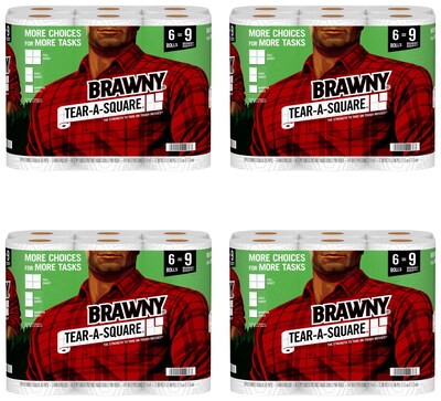 Brawny Tear-A-Square Kitchen Roll Paper Towels, 2-Ply, 96 Sheets/Roll, 6 Rolls/Pack, 4 Packs/Carton (44276CT)
