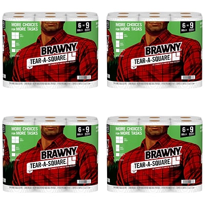 Brawny Tear-A-Square Kitchen Roll Paper Towels, 2-Ply, 96 Sheets/Roll, 6 Rolls/Pack, 4 Packs/Carton (44276CT)