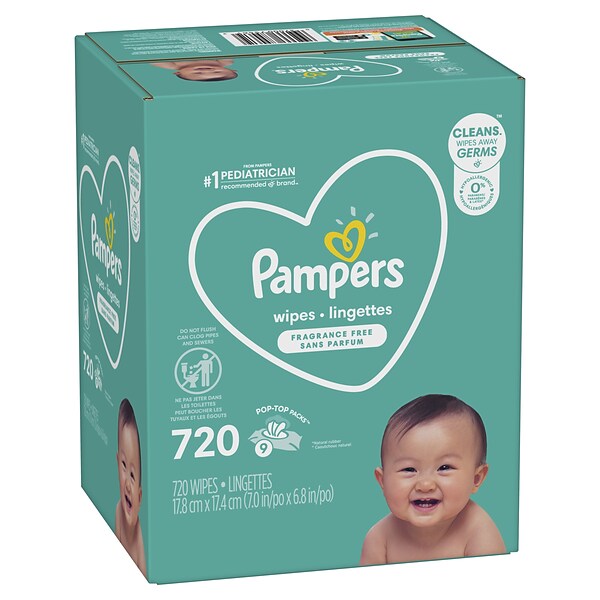 Pampers Unscented Complete Clean Baby Wipes, 720 Wipes/Pouch, 9 Pouches/Carton (75461)