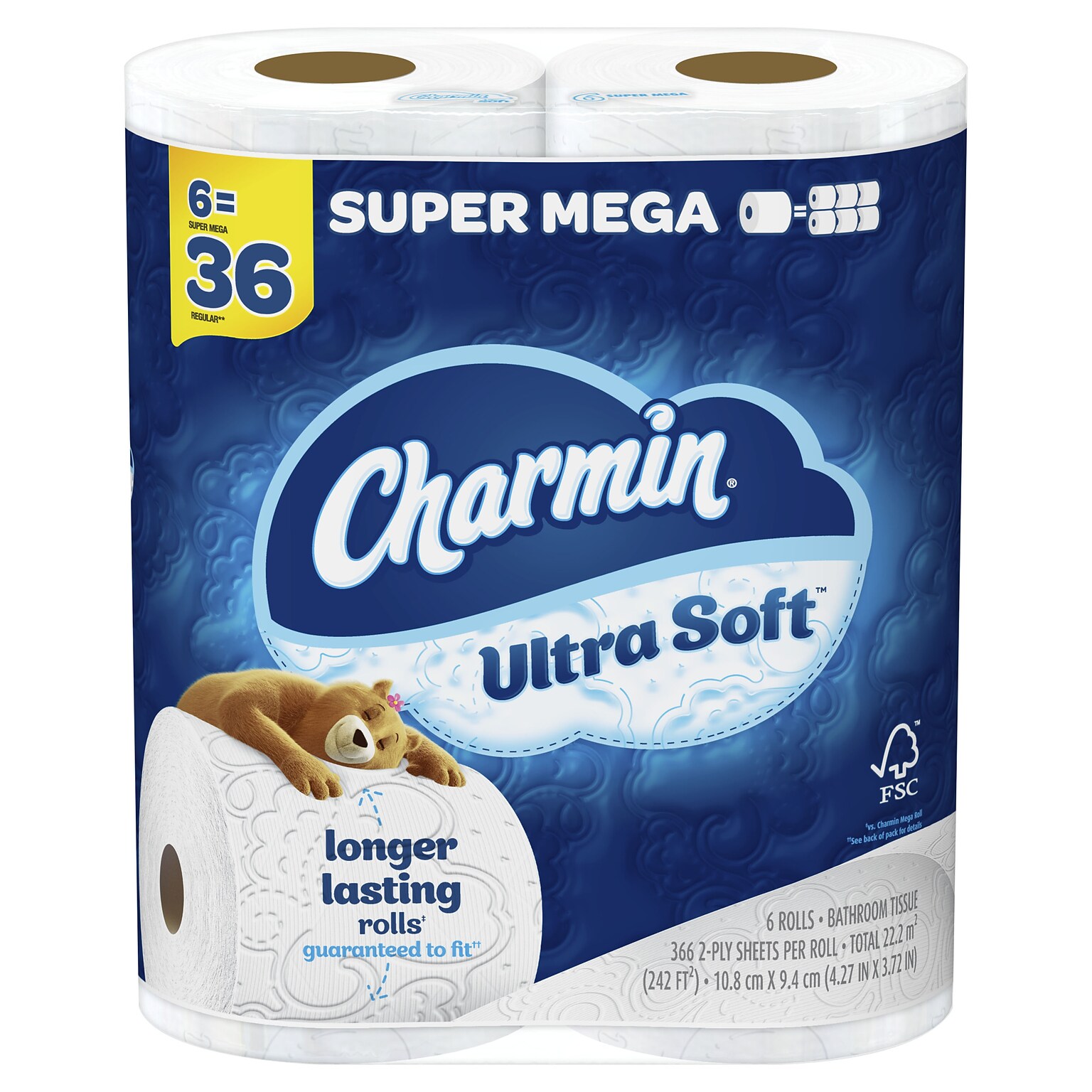 Charmin Ultra Soft Toilet Paper, 2-Ply, White, 366 Sheets/Roll, 6 Super Mega Rolls/Pack (61790/72673)