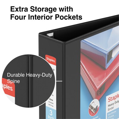 Staples® Heavy Duty 3" 3 Ring View Binder with D-Rings, Black, 4/Pack (24690CT)