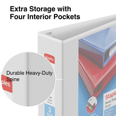 Staples® Heavy Duty 3" 3 Ring View Binder with D-Rings, White, 4/Pack (24693CT)