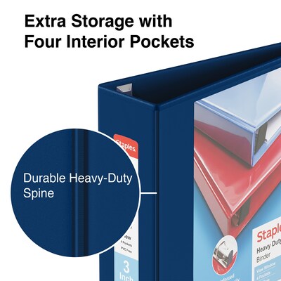 Staples® Heavy Duty 3" 3 Ring View Binder with D-Rings, Navy Blue (ST56271-CC)